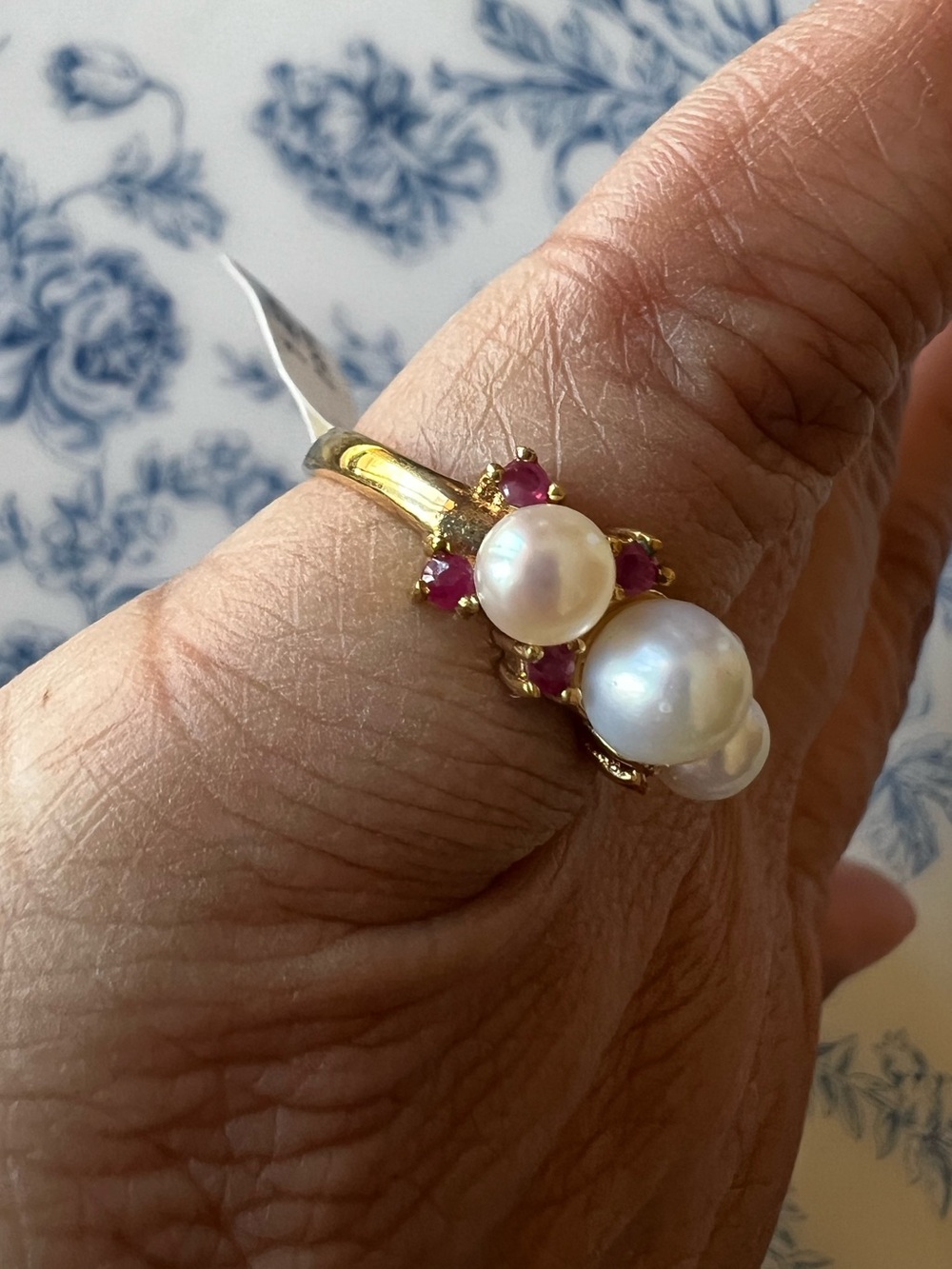 Pearl & Ruby Three Stone Ring Gold Tone Size 5.5 #559 - Picture 3 of 5